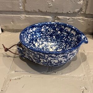 Artist Signed Blue‎ & White Spongeware Pottery Batter/Mixing Bowl